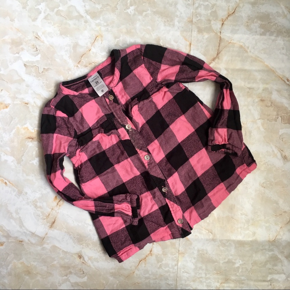 Carters Girls LS Shirt Black and Pink Plaid 2T
